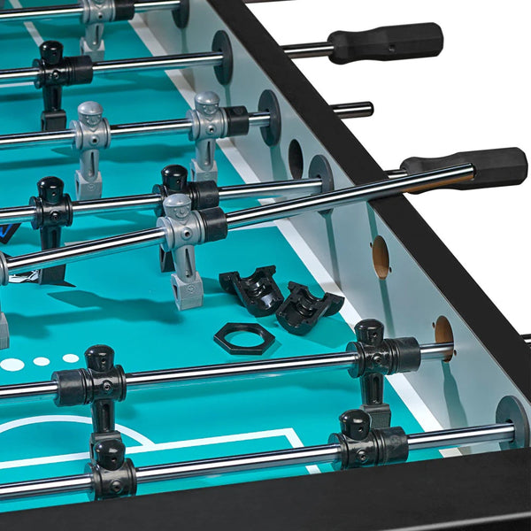 American Heritage Velcoity foosball table in Black - closeup on playesr and metal rods.