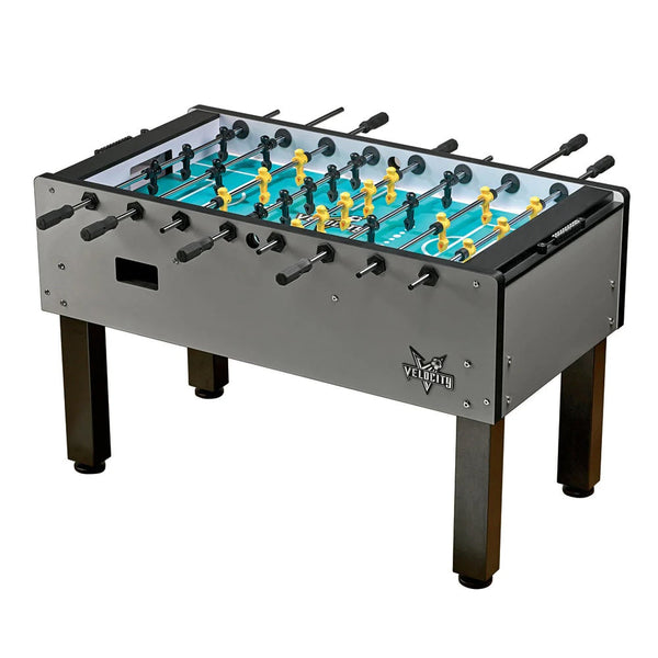 The American Heritage Velocity foosball table with Silver finish - yellow and black players.