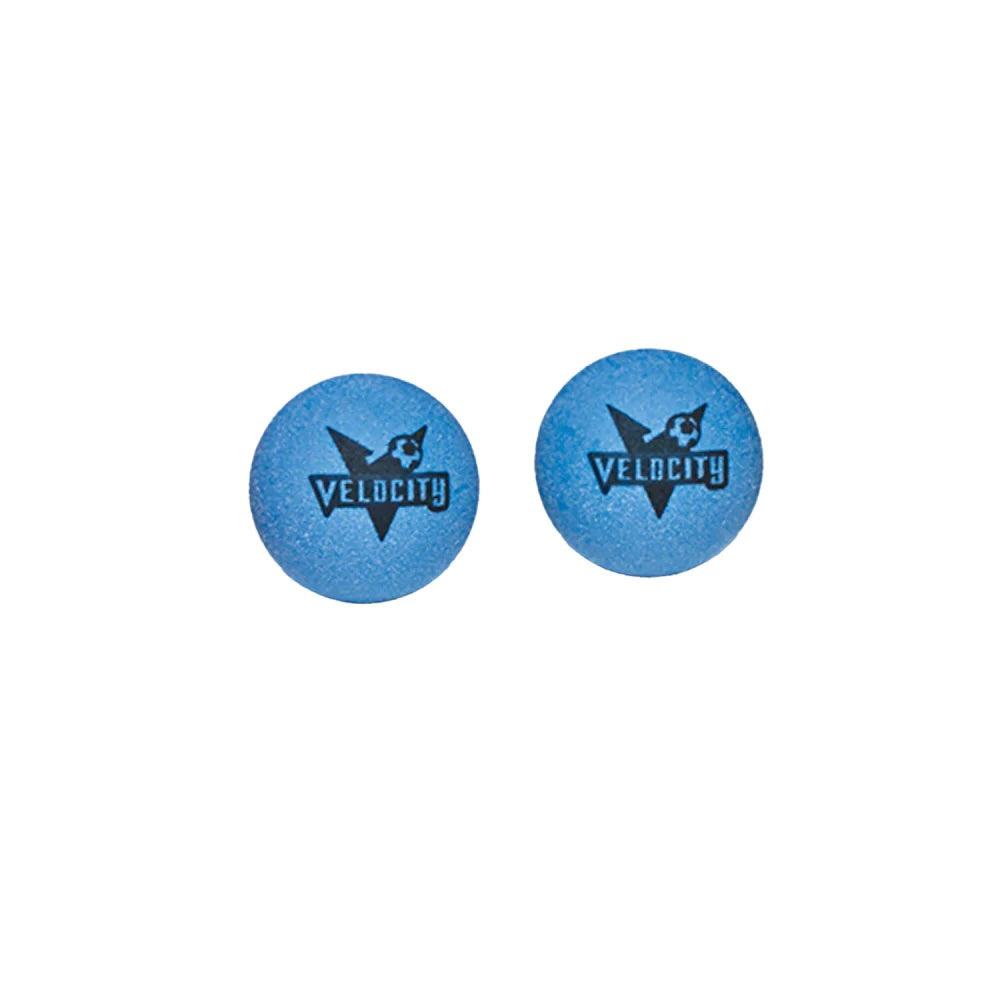 Velocity Tournament Foosballs in blue with black logo, textured surface, set of two foosball balls.