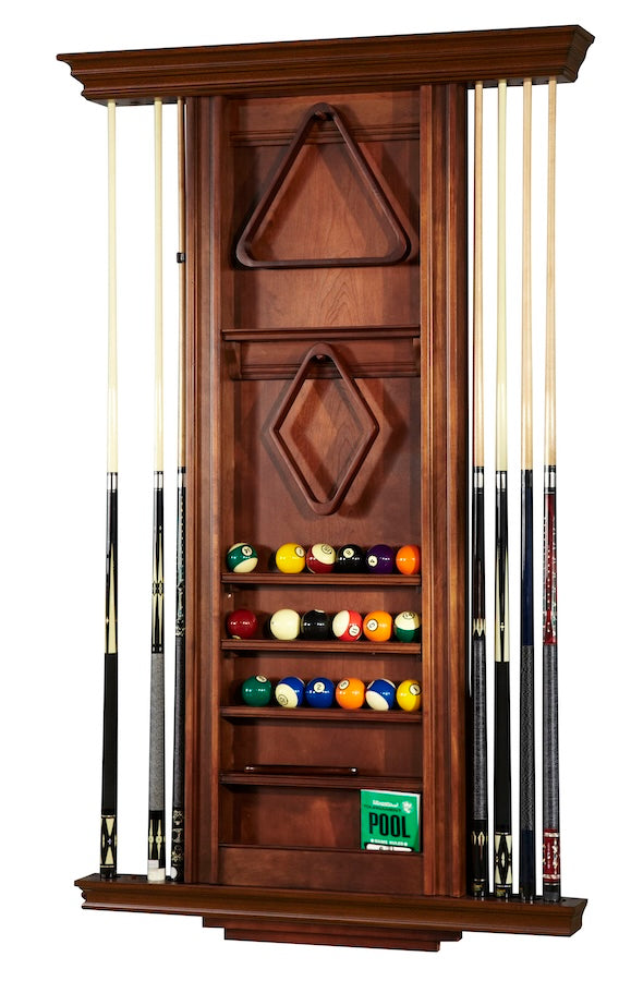 8-cue Venice wall rack with a Riverbank wood finish designed by American Heritage.