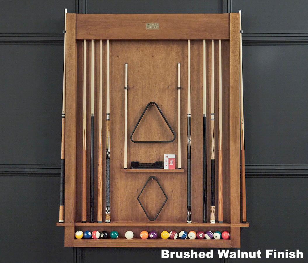 12-cue Alta rack in Brushed Walnut for mounting on game-room wall - an American Heritage design.