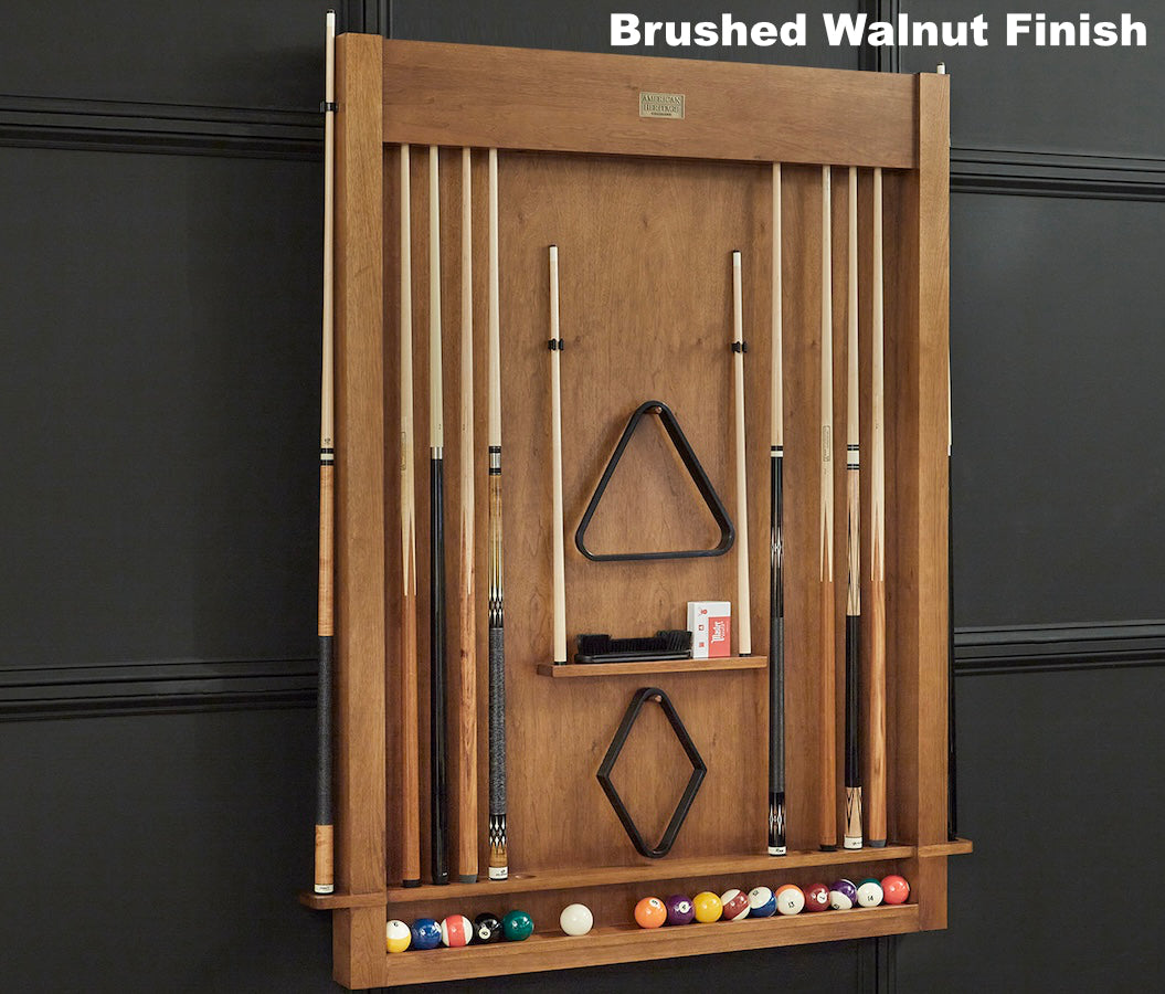 12-cue American Heritage Alta pool cue rack in Brushed Walnut finish.