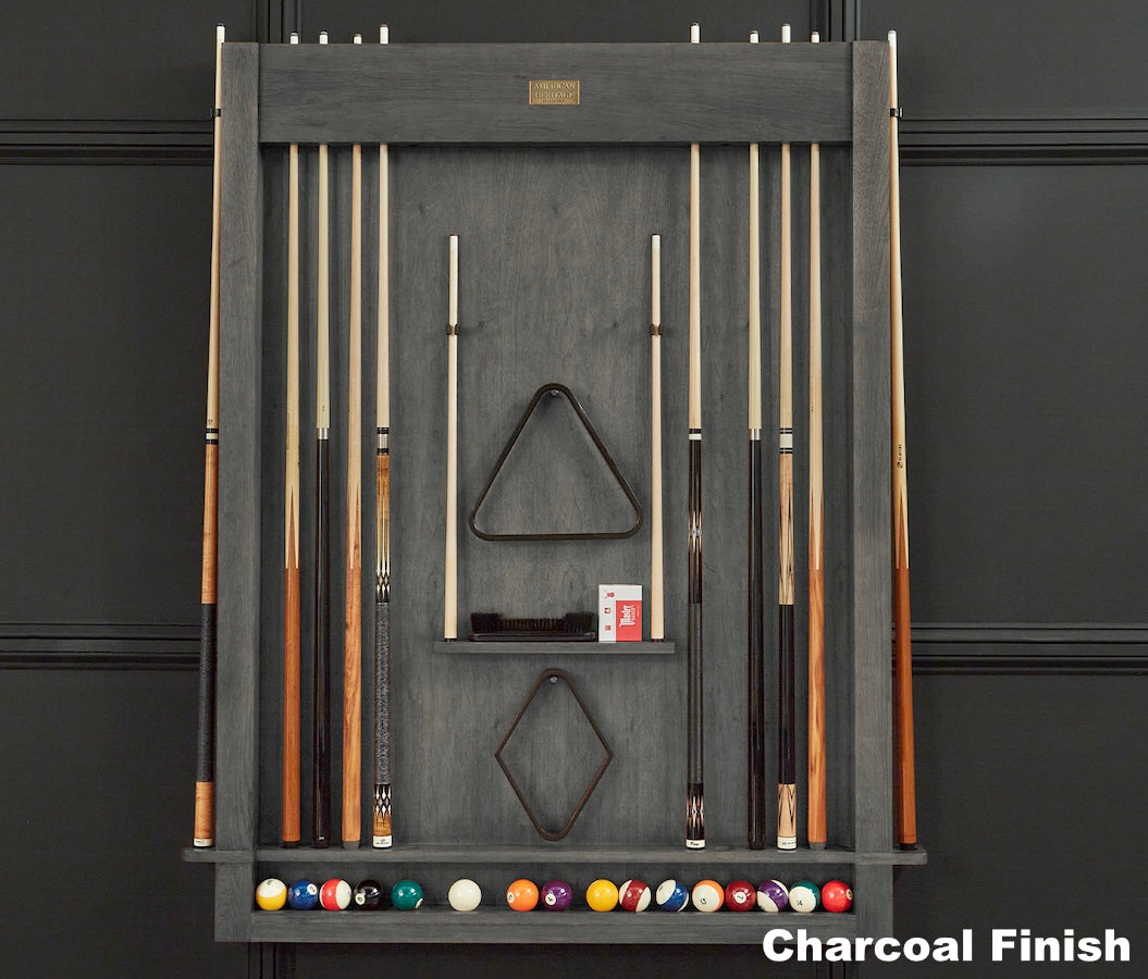 American Heritage Alta cue rack in Charcoal with storage for 12 pool cues and accessories.