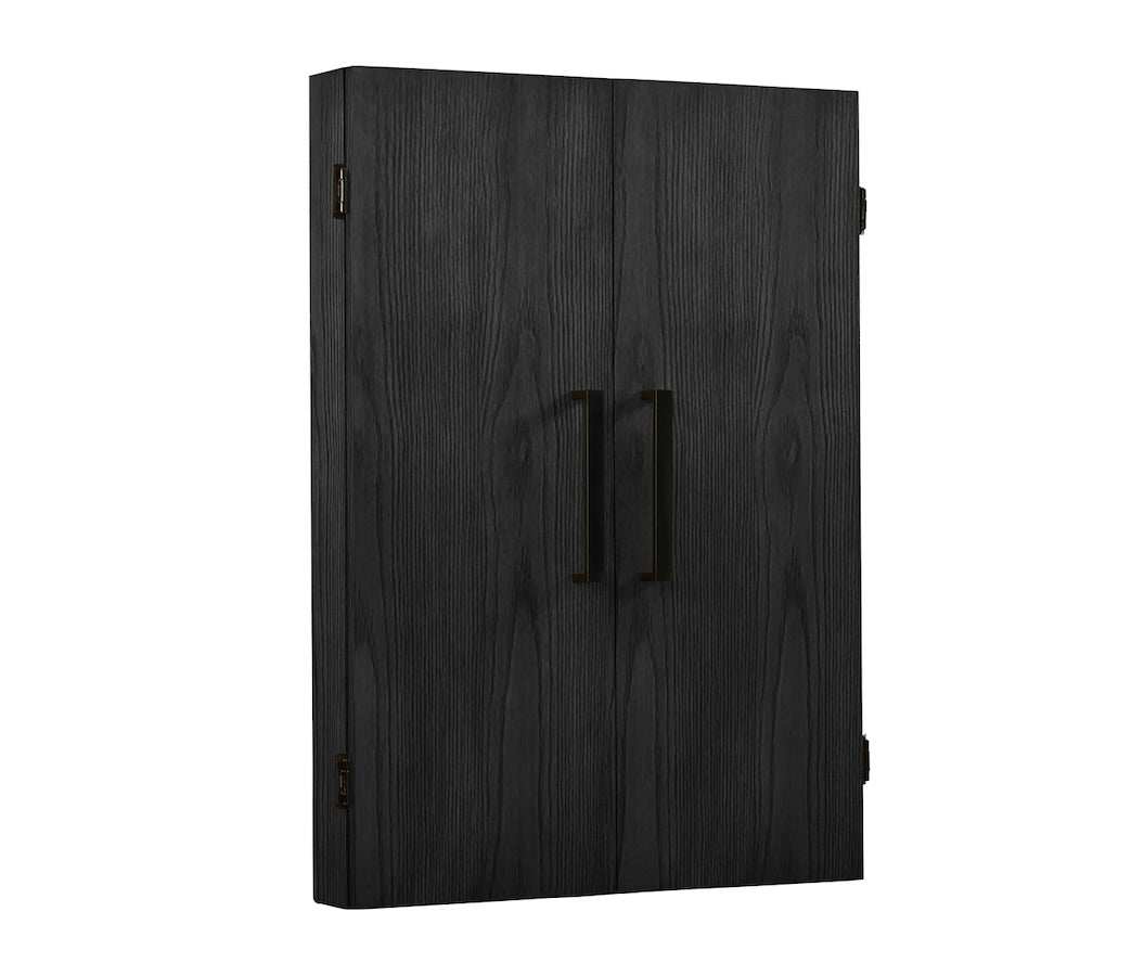 Alta Dartboard Cabinet with black ash finish, handcrafted wood with vertical grain pattern and two simple handles on front doors.