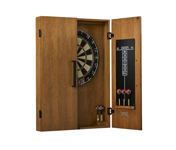 American Heritage Alta dartboard cabinet finished in Brushed Walnut.