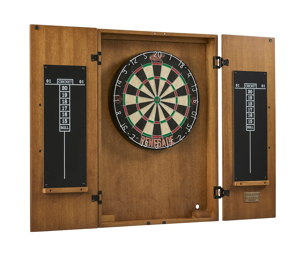 The Alta dartboard cabinet by American Heritage in Brushed Walnut finish.