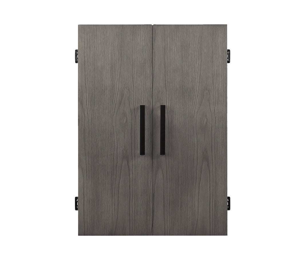 Alta Dartboard Cabinet in charcoal finish with wood grain pattern, featuring two black vertical handles on the front doors.