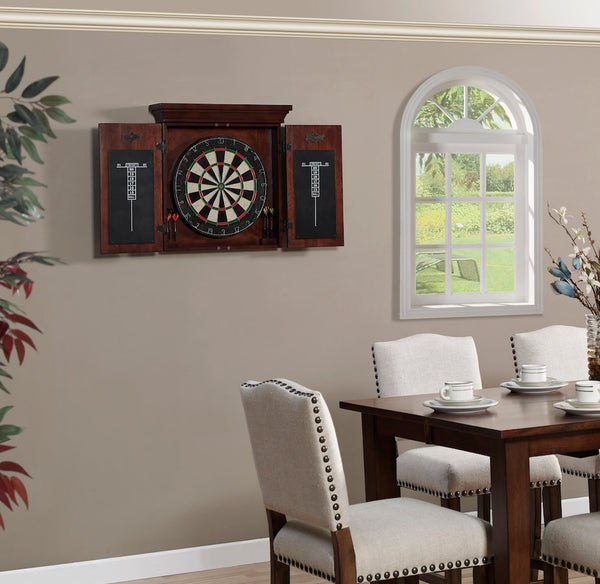 Athos dartboard cabinet designed by American Heritage mounted on a wall.