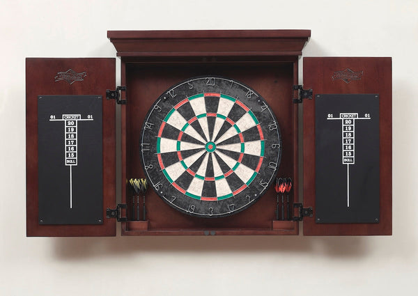 Open Athos dartboard cabinet by American Heritage mounted on a wall.