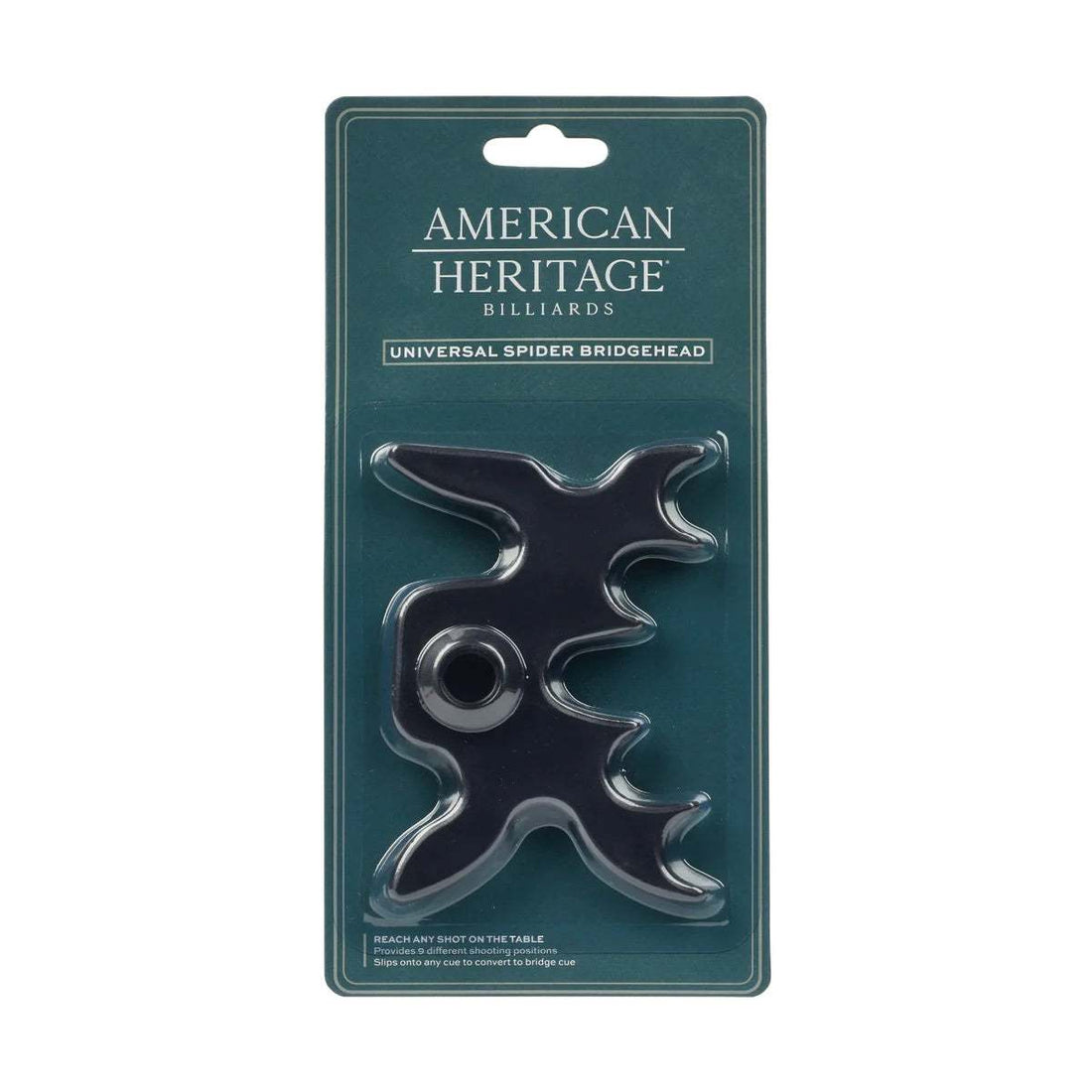Spider Bridgehead pool cue accessory in black plastic with rubber grommet for scratch protection and multiple bridge positions.