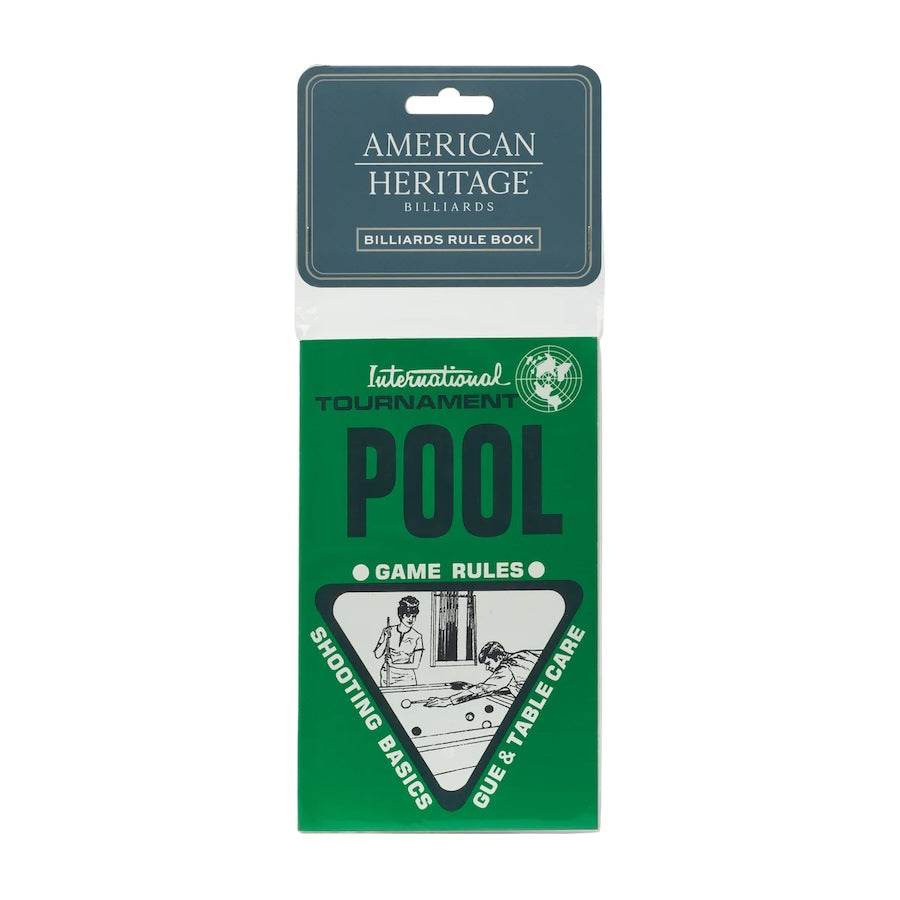 American Heritage Billiards rule book with green cover featuring pool game rules, shooting basics, and table care illustrations.
