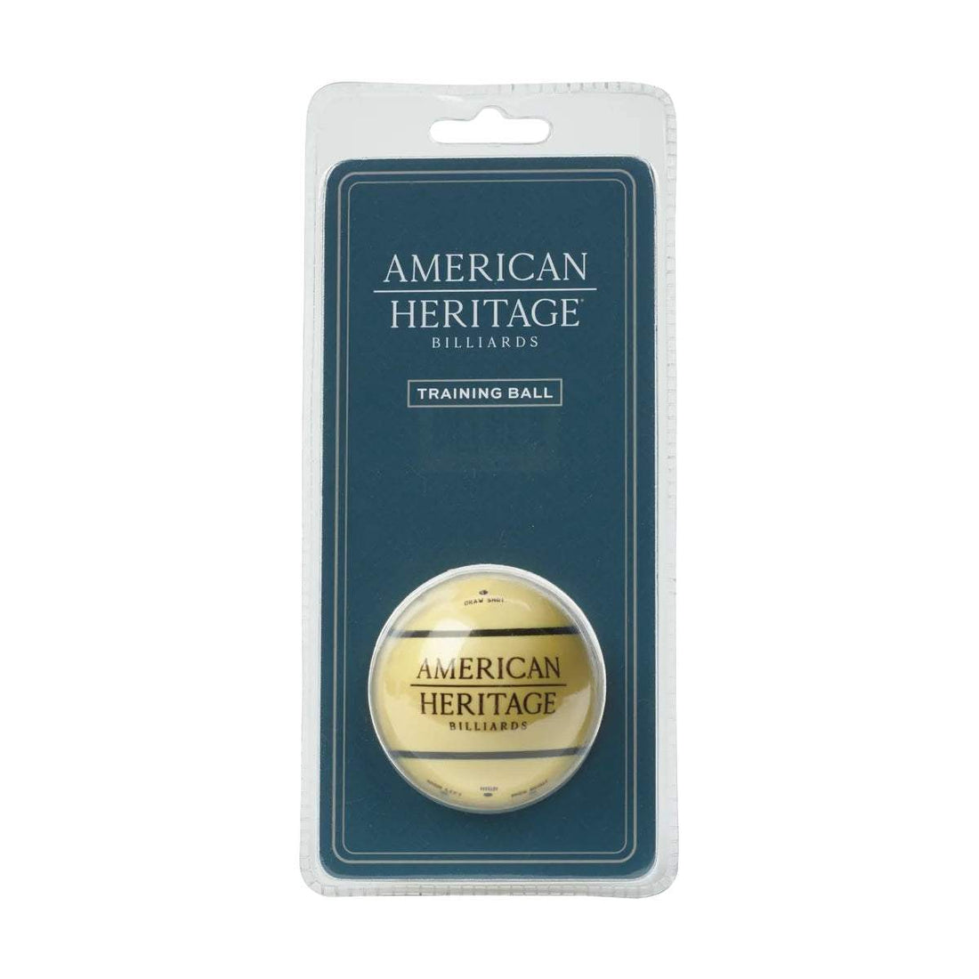 Training Ball in cream color with printed black markings and "American Heritage" logo, designed for billiards skill practice.