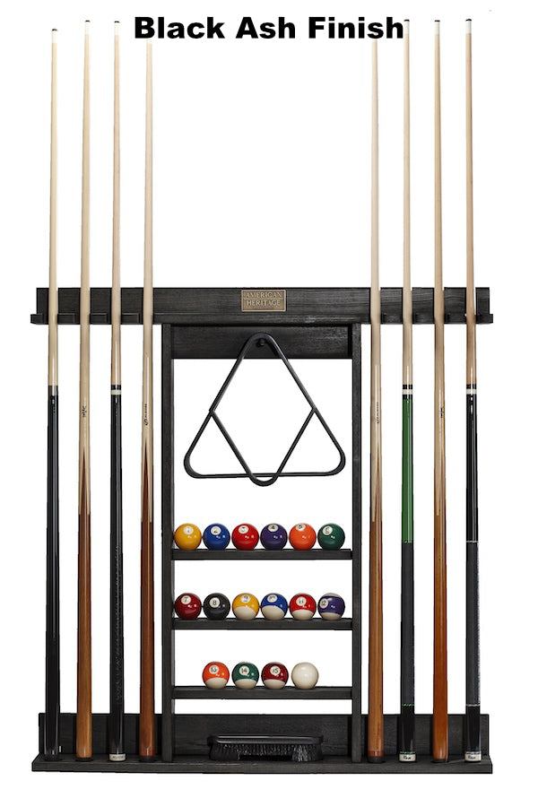 Bluegrass pool cue rack by American Heritage filled with billiard accessories.