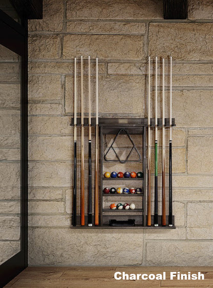 American Heritage Bluegrass cue rack in Charcoal finish in a game room.