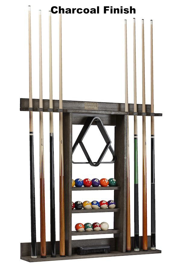 Bluegrass cue rack by American Heritage with charcoal finish and billiard accessories.