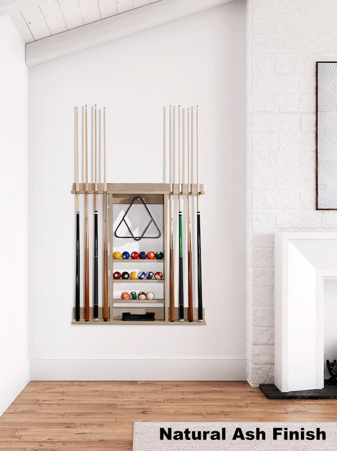 American Heritage Bluegrass cue rack in Natural Ash finish mounted on wall.
