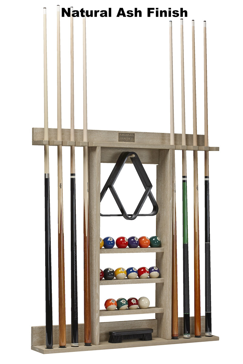 American Heritage Bluegrass cue rack in Natural Ash finish with billiard balls and cues.
