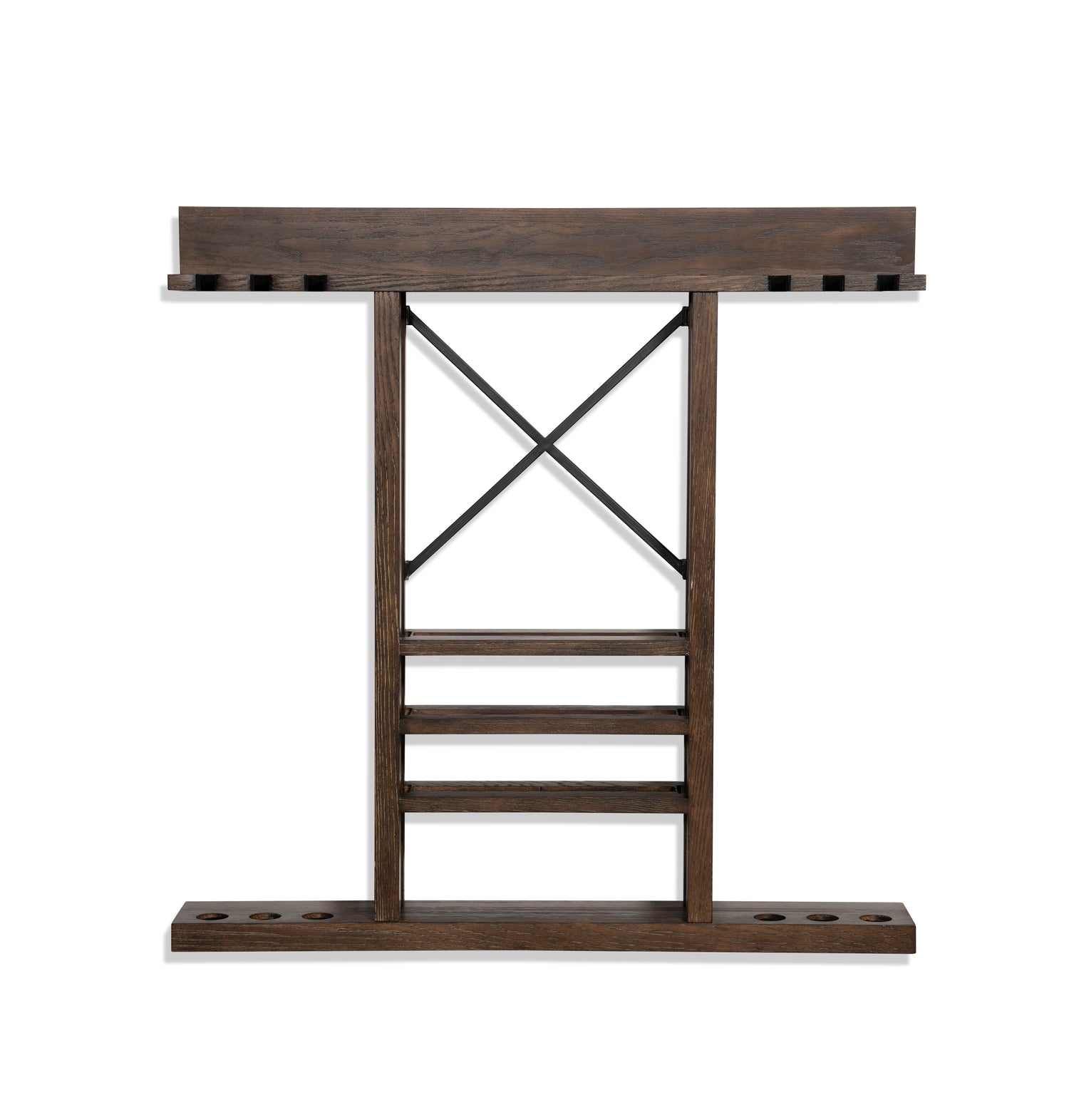 An empty Nixon Billiards Hunter wall rack in a Brushed Walnut finish.