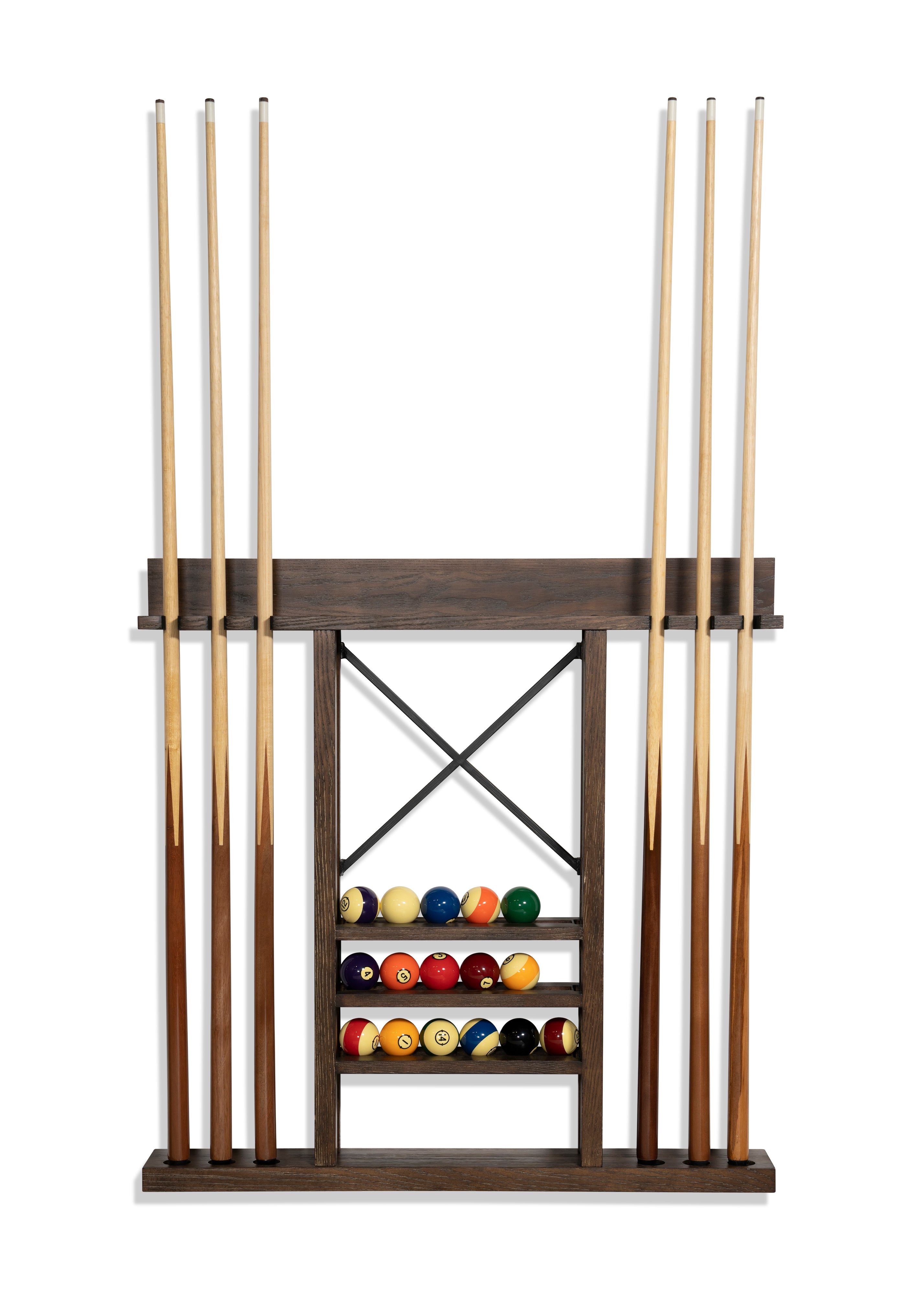 A Nixon Billiards Hunter wall rack in a brushed walnut finish with cues and balls.