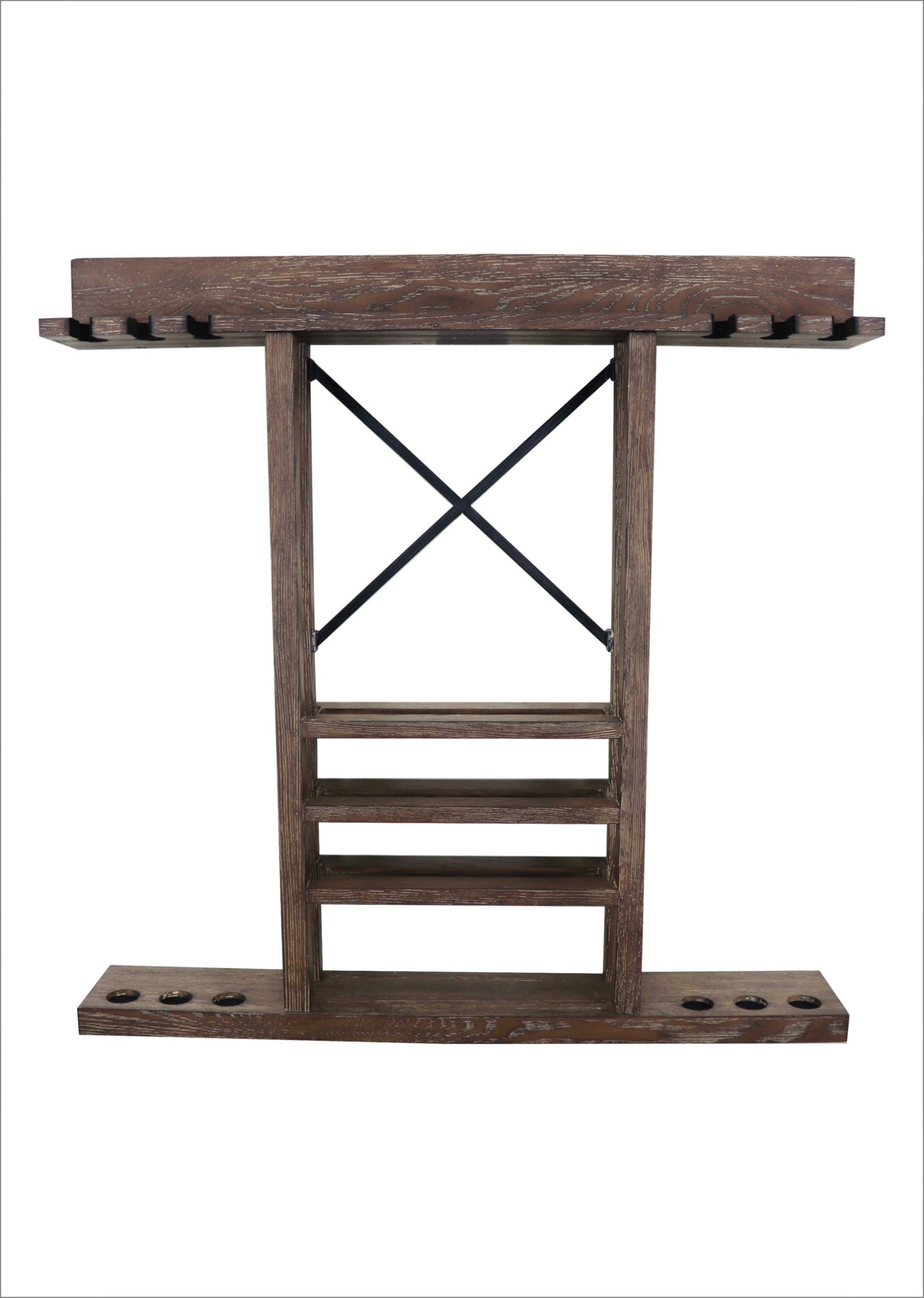 A panorama photo of an empty Nixon Billiards Hunter wall rack in a Brushed Walnut finish.