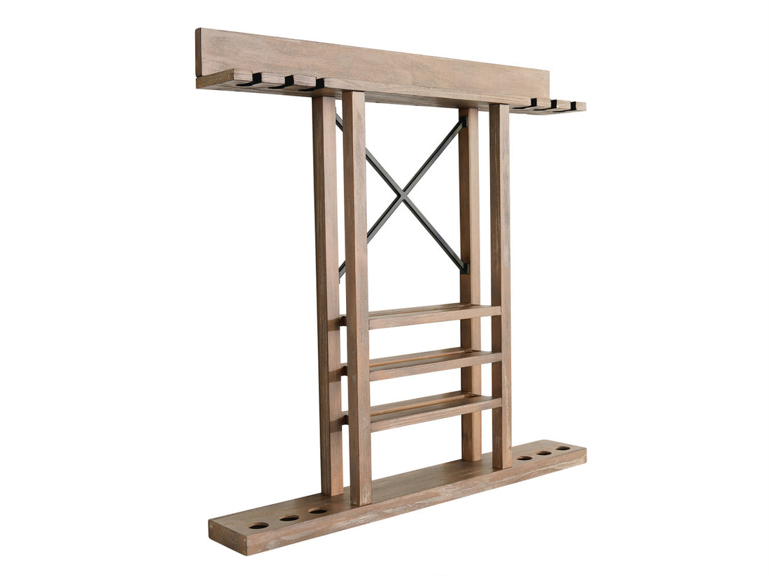 An angle photo of the Hunter wall rack with a Weathered Natural finish made by Nixon Billiards.