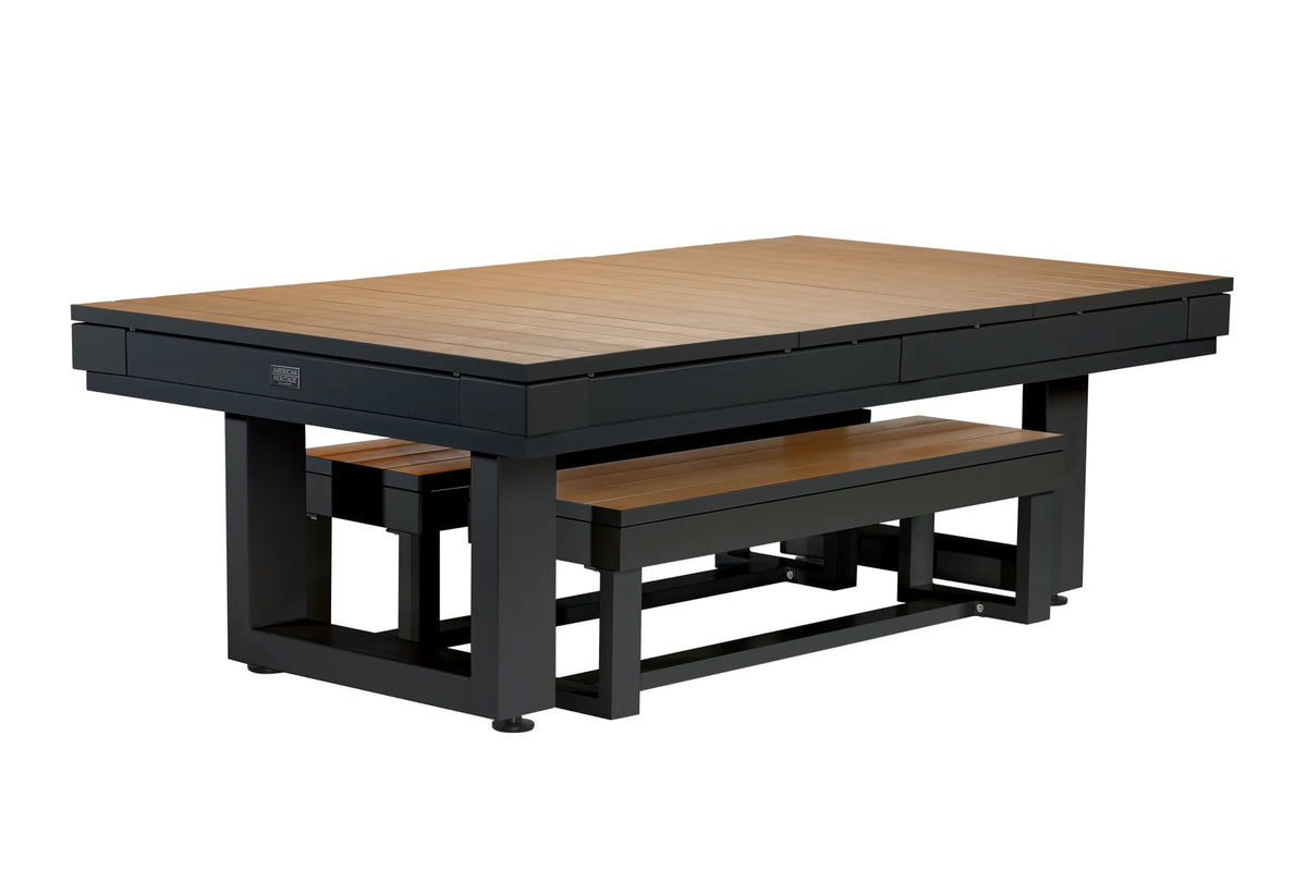 American Heritage Lanai pool table in Obsidian Black with Lanai storage and dining benches.