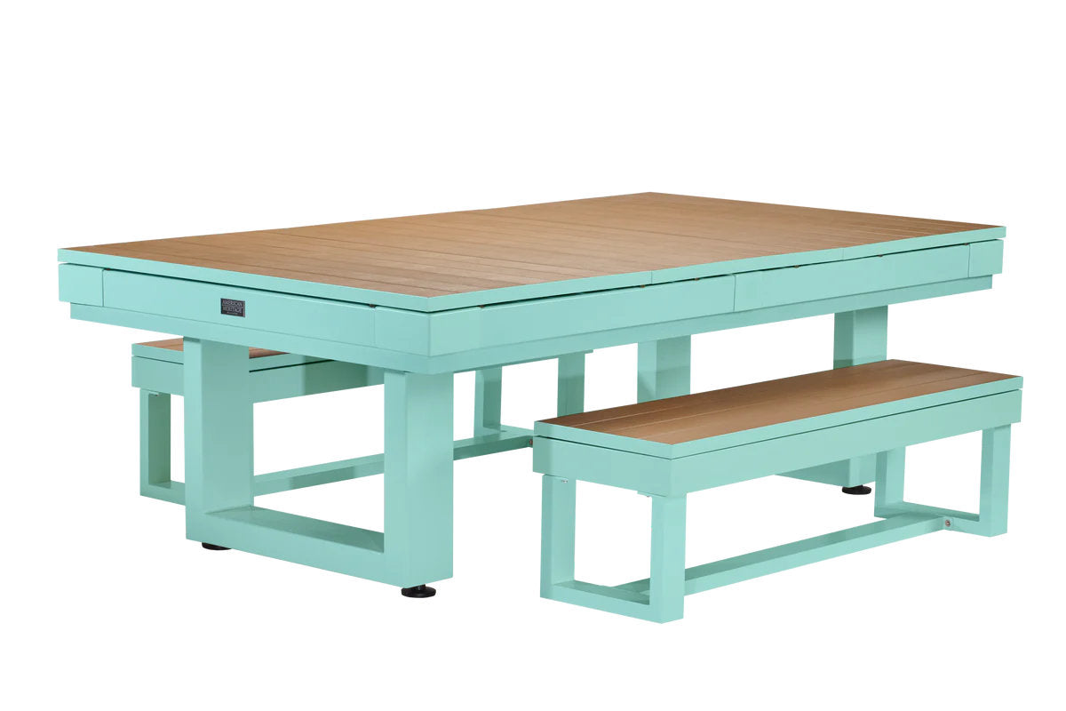 Lanai Seafoam Teal pool table with dining benches by American Heritage.