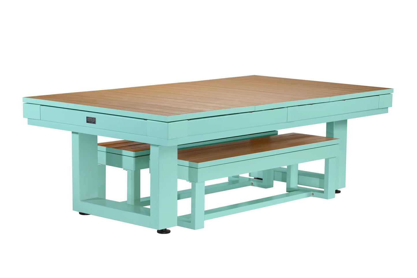 American Heritage Lanai pool table in Seafoam Teal finish with dining benches.