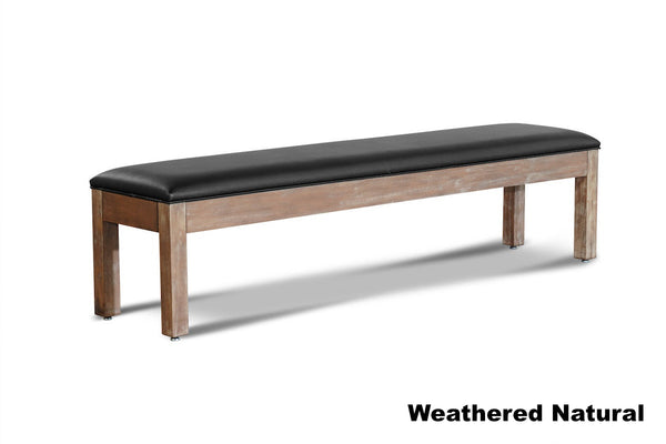 Pool table bench by Nixon billiards in Weathered Natural wood finish with billiard accessory storage.