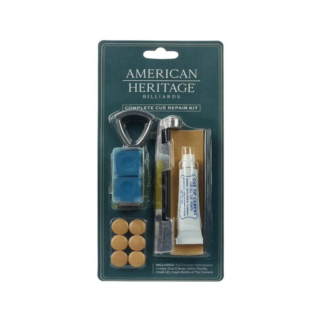 Complete Cue Tip Replacement Kit featuring blue cue chalk, beige replacement tips, tip glue tube, cue clamp, and tip trimmer in a green blister pack.