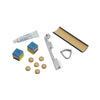 Content of American Heritage cue repair kit - 6 cue replacement tips | 2 cue chalk | glue | clamp | and tip trimmer and sandpaper holder.