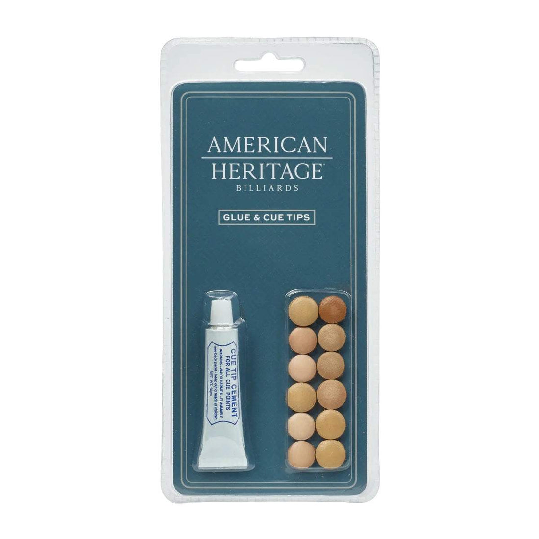 Cue Tips & Glue pack featuring a white glue tube and twelve round tan and brown cue tip replacements in clear plastic packaging.