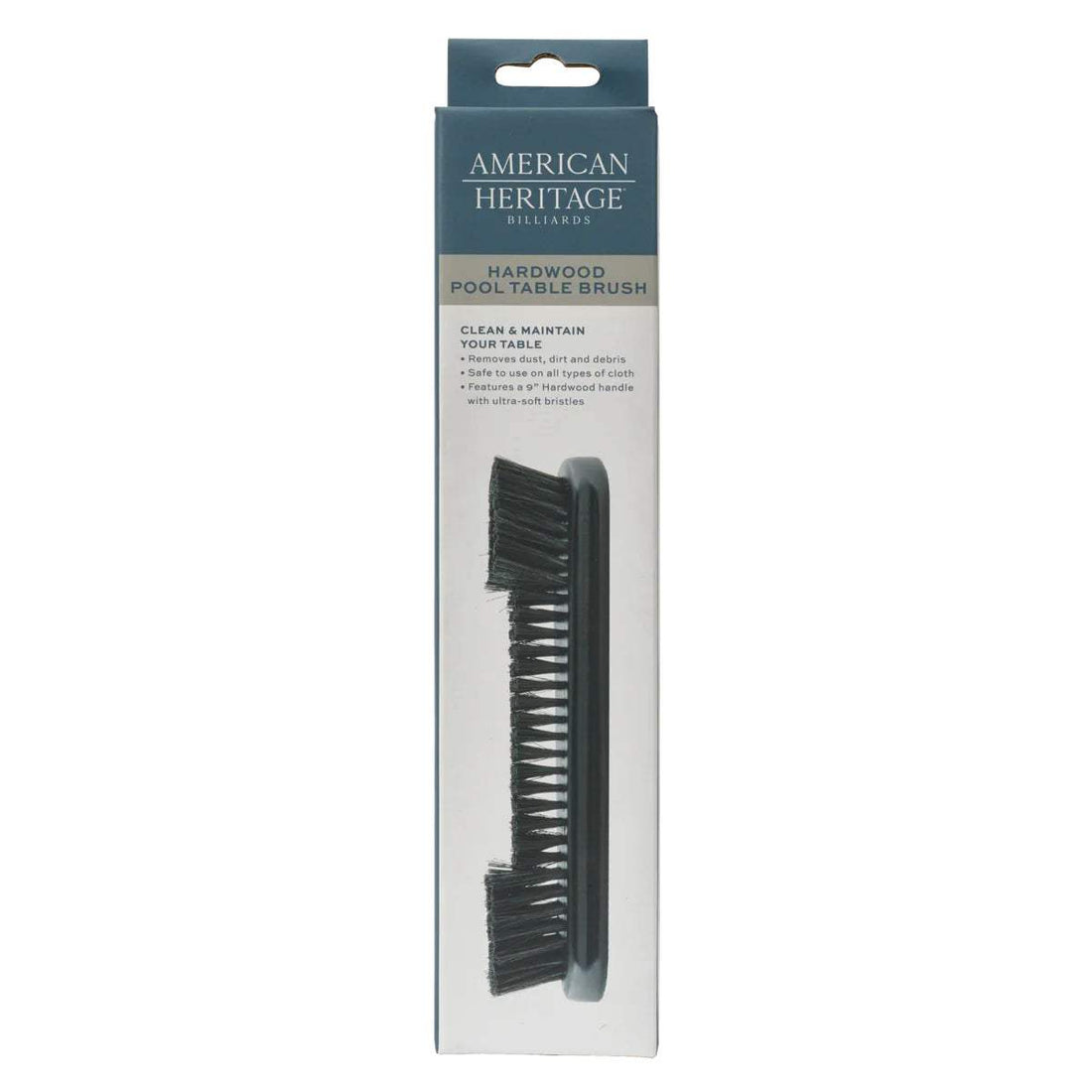 Hardwood Pool Table Brush with black ultra-soft bristles and black 9-inch hardwood handle in American Heritage packaging