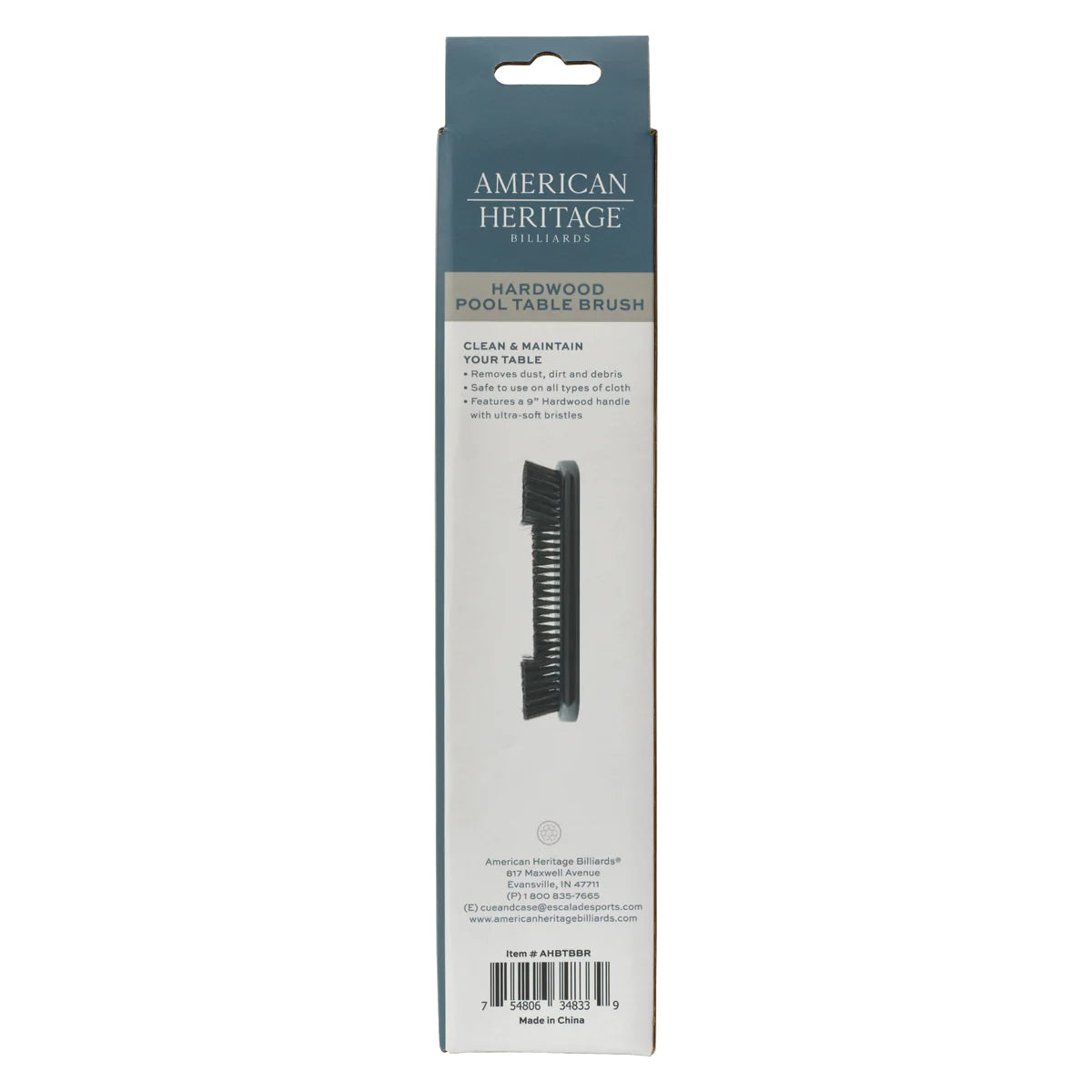 Backside cover of American Heritage pool table brush package.