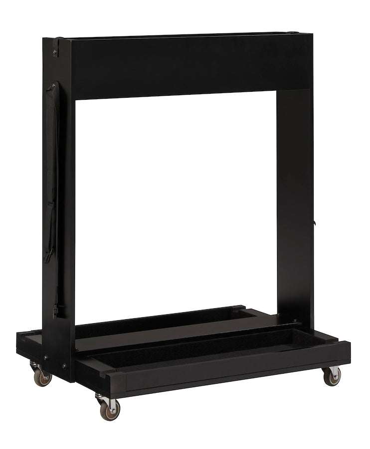 Black metal conversion top valet with large caster wheels and safety straps for easy storage and mobility, designed for Pool Table Dining use.