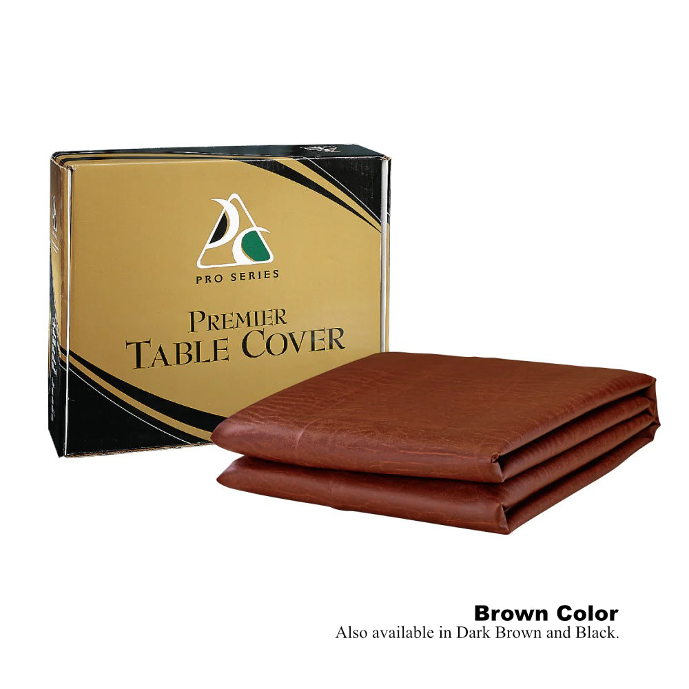 American Heritage Pro Series pool table cover available in 7-foot, 8-foot, 8.5-foot, and 9-foot sizes and Brown, Dark Brown, and Black color choices.