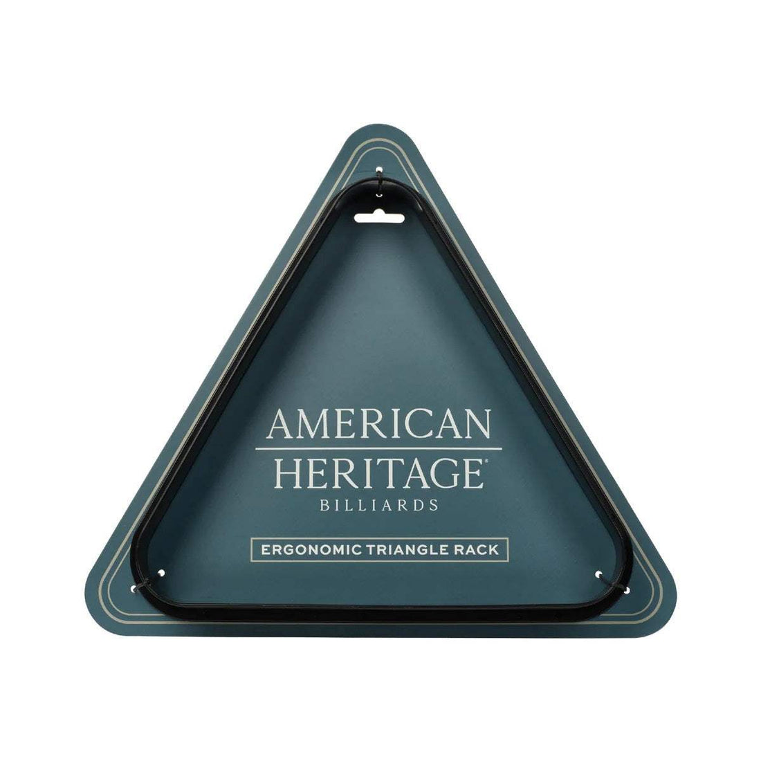 Triangle Pool Ball Rack in black, made of durable material with a sleek, ergonomic triangular design and American Heritage branding.