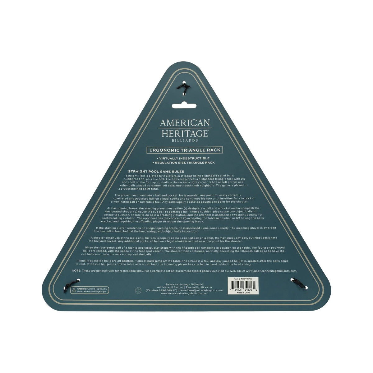 Backside cover of packaged triangle pool ball rack by American Heritage.