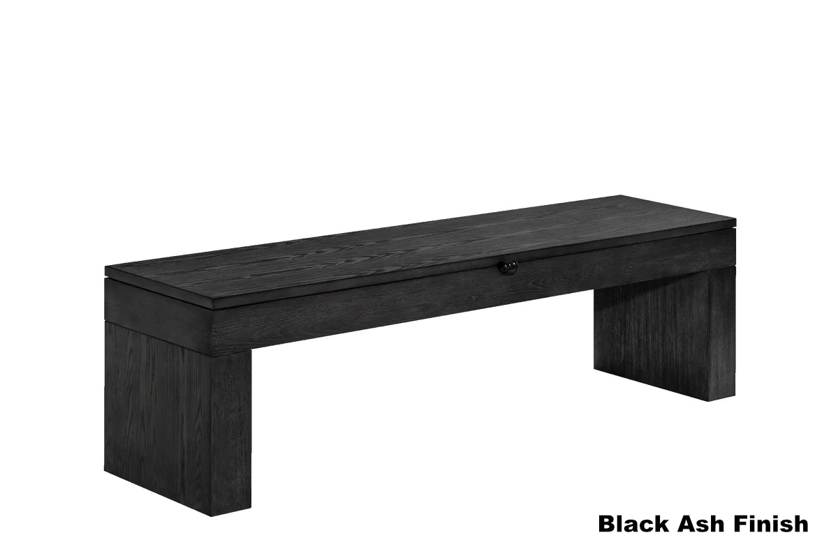 American Heritage Vancouver pool table dining bench in Black Ash with  billiard accessories underneath the seat.