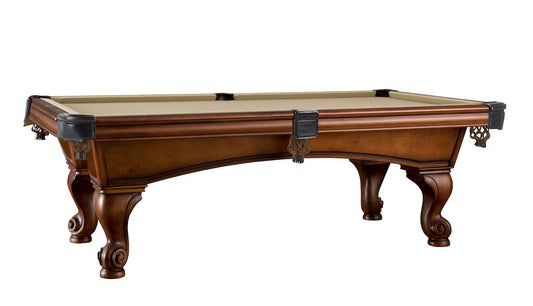 A side view of the Camden billiard table designed by American Heritage with a Navajo finish and khaki felt color.
