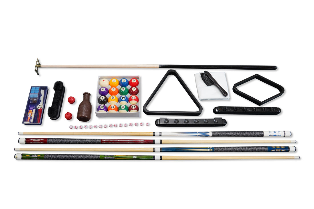 Premium 32-Piece Accessory pool kit with four cues, colorful balls, black triangle rack, chalk, brushes, and score markers laid out on white.