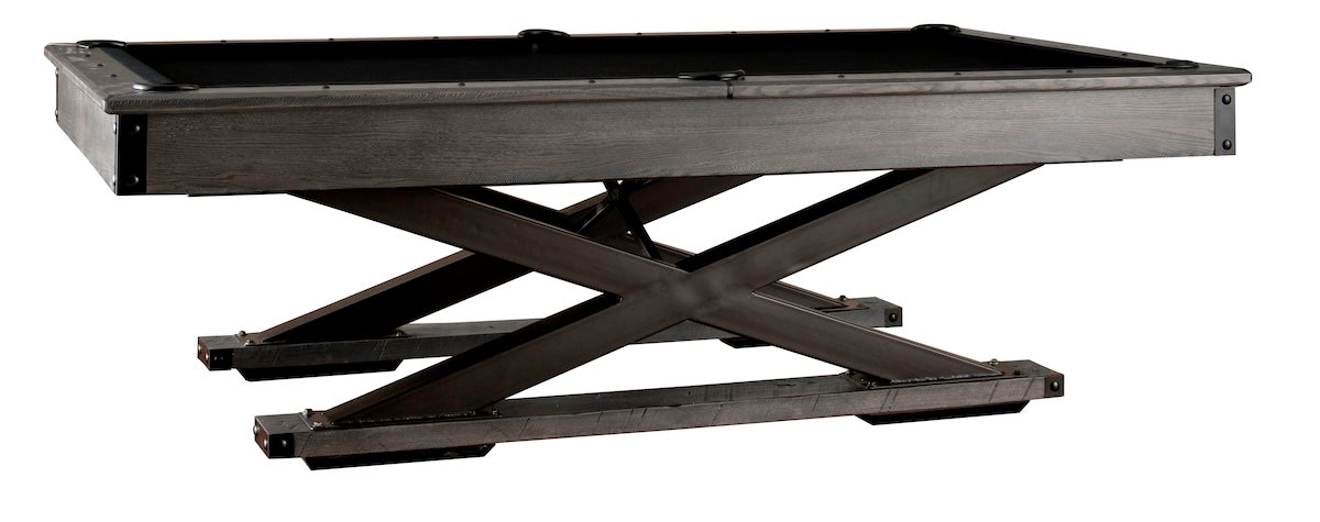 Side view of the Quest pool table by American Heritage with black felt cloth and a Glacier finish.