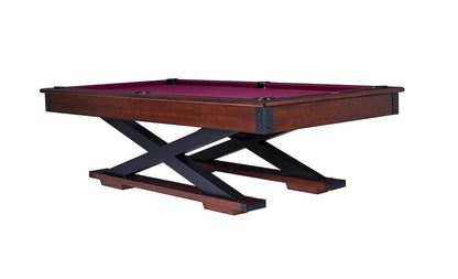 The Quest pool table in a Navajo finish designed by American Heritage with dark magenta-colored felt.