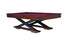 The Quest pool table in a Navajo finish designed by American Heritage with dark magenta-colored felt.