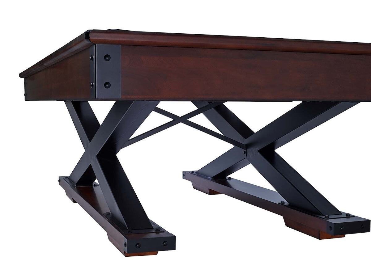 The metal legs of the Quest pool table in Navajo designed by American Heritage. 