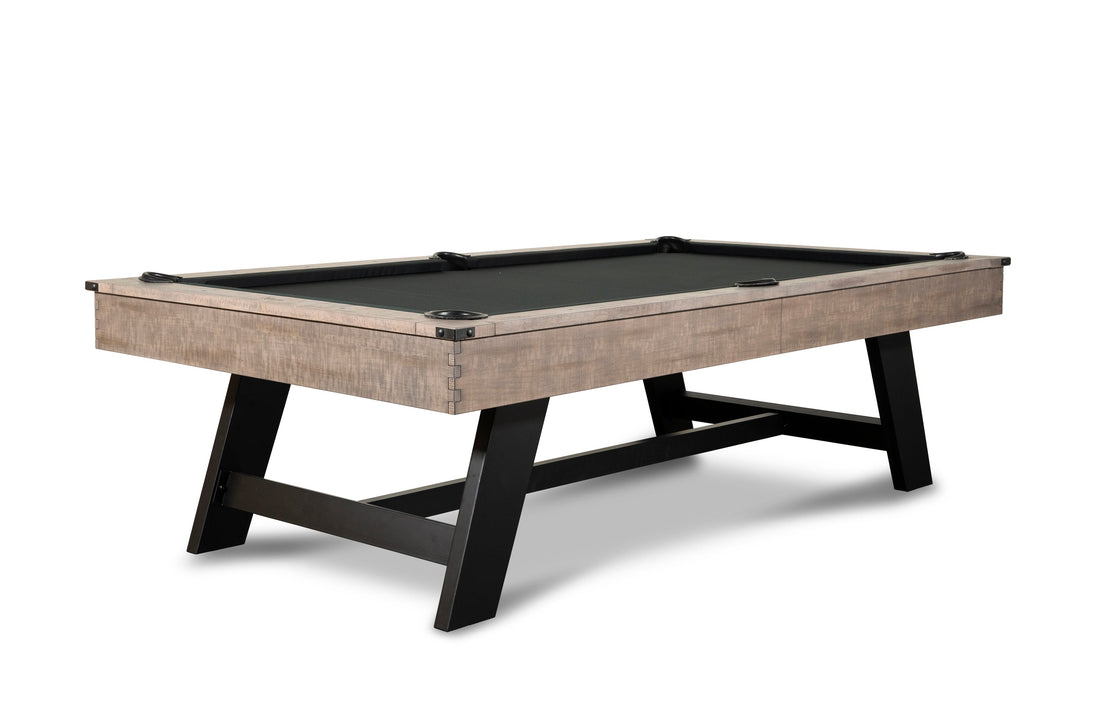Nixon Hunter Slate Pool Table in antique wood finish with black felt playing surface and sturdy black metal legs.