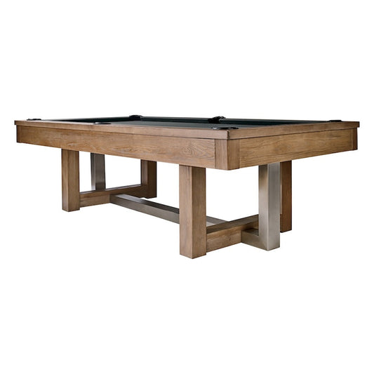 Corner view of the Abbey Pool Table with gray felt and an Antique Gray finish designed by American Heritage. White background.