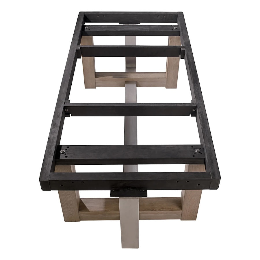 The sturdy  framework that holds up an Abbey billiard table by American Heritage with an Antique Gray wood finish.