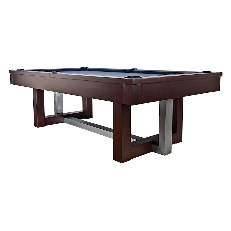 The Abbey pool table by American Heritage with gray felt and an Espresso finish. Corner view against a white background.