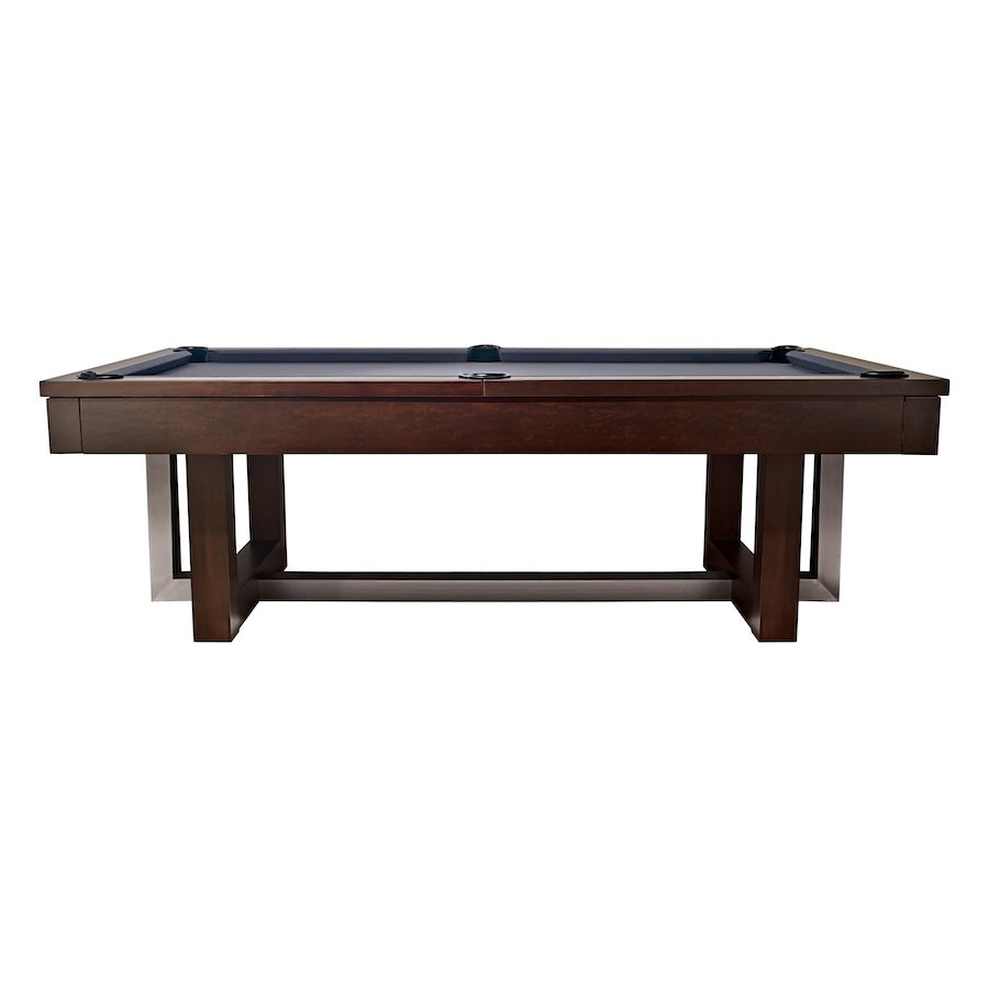 Side view of the Abby pool table by American Heritage with bluish gray felt.